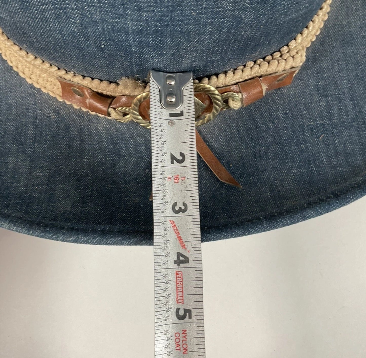 Vintage Blue Denim Cowboy Hat Large USA Union Made Brass Horse Accent