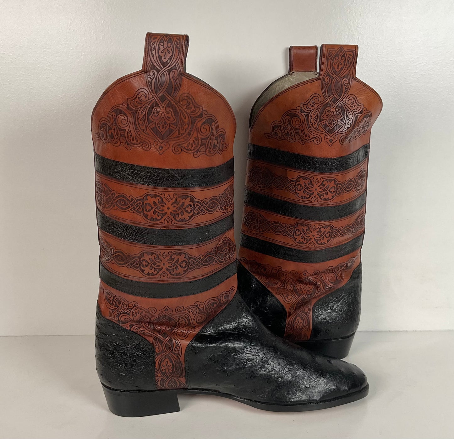Vintage Lorenzo Banfi Ostrich Quill Bucket Boots | Tooled | Exotic | Men’s 9 M