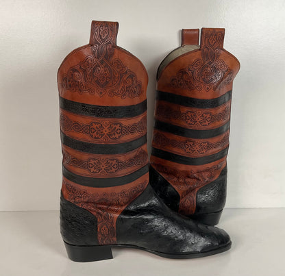 Vintage Lorenzo Banfi Ostrich Quill Bucket Boots | Tooled | Exotic | Men’s 9 M