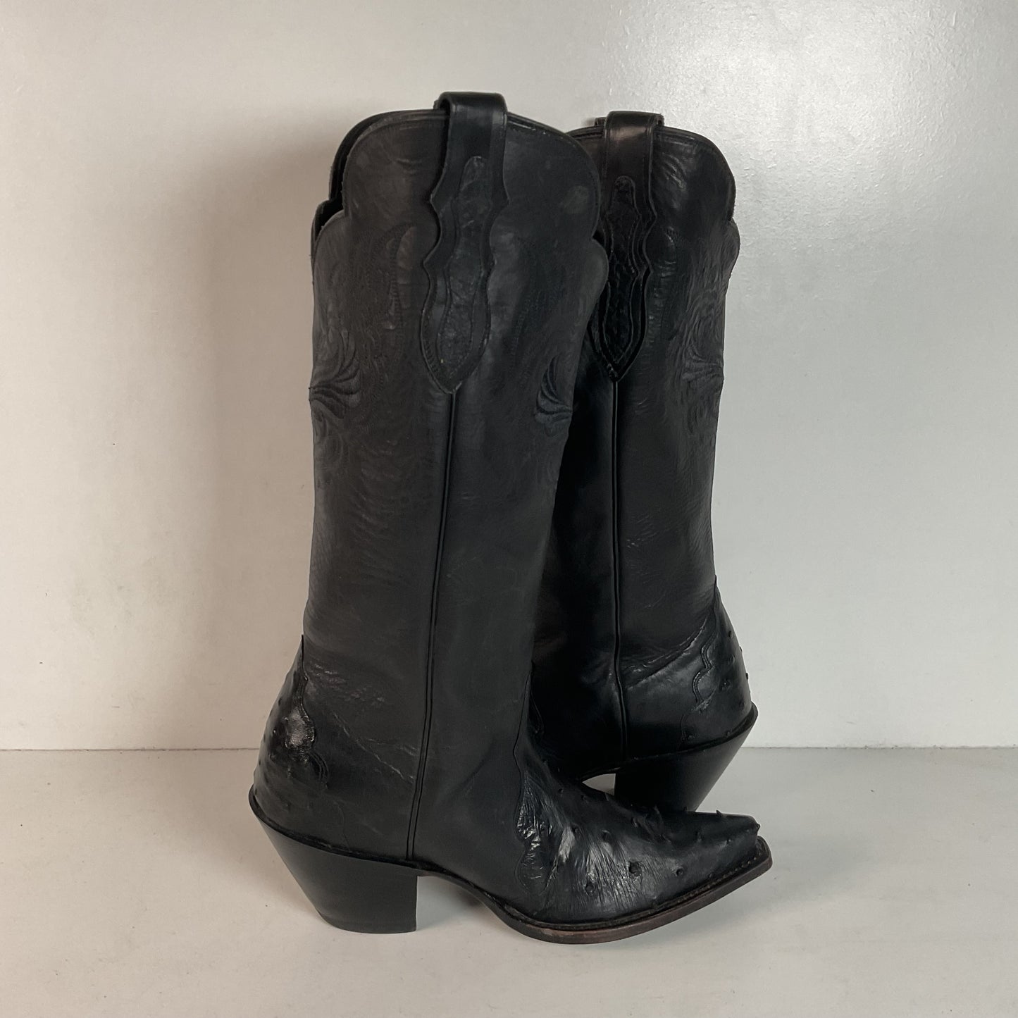 Justin Reba Tall Cowgirl Boots | Black Ostrich Quill | USA Made | 8 B