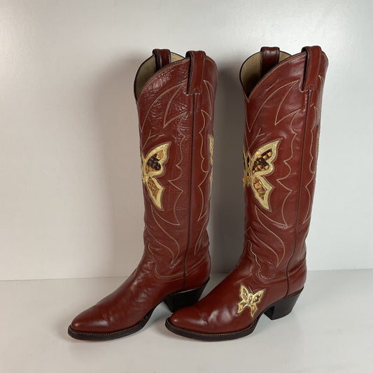 1970s Justin Butterfly Cowgirl Boots | Snakeskin Inlay | USA Made | 6.5 C
