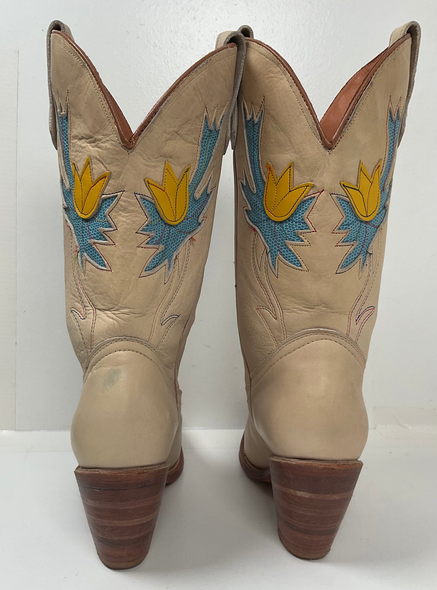 Vintage Miss Capezio Tulip Cowgirl Boots 7.5 M USA Made Rainbow Stitched