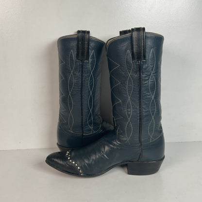 Vintage Tony Lama Navy Blue Cowgirl Boots 5.5 B Gold Label Lizard Wingtip