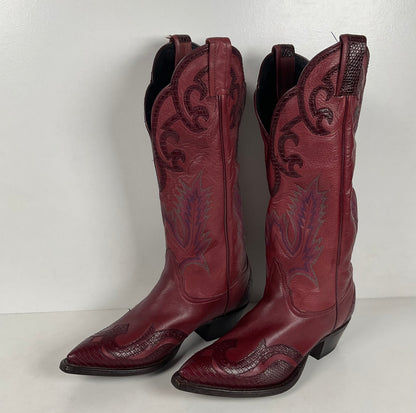 Tony Lama Lizard Wingtip Cowgirl Boots | Overlays | Cranberry | Women’s 6.5 M