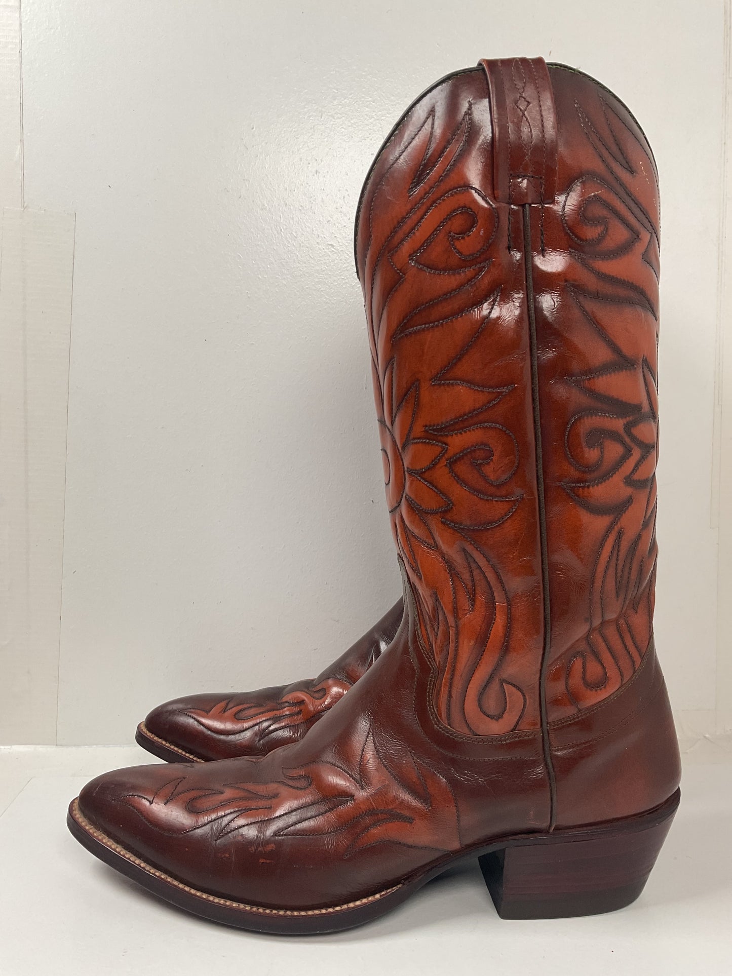 Vintage 1970s Dan Post Cowboy Boots 10.5 B Made In Spain Sunflower Stitched