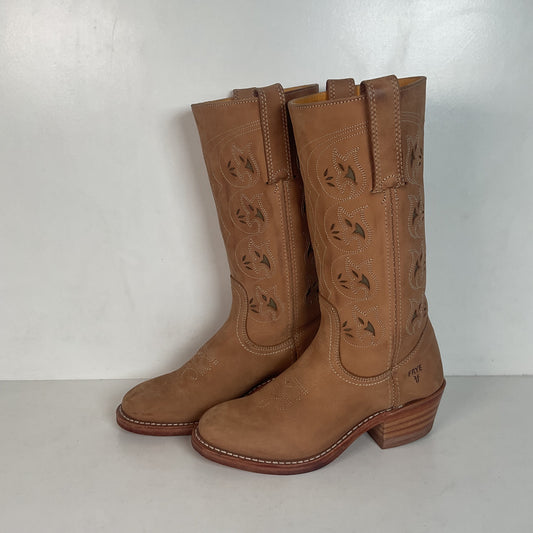 Frye Austin Cowgirl Boots 6 M Tooled Flower Inlay USA Made