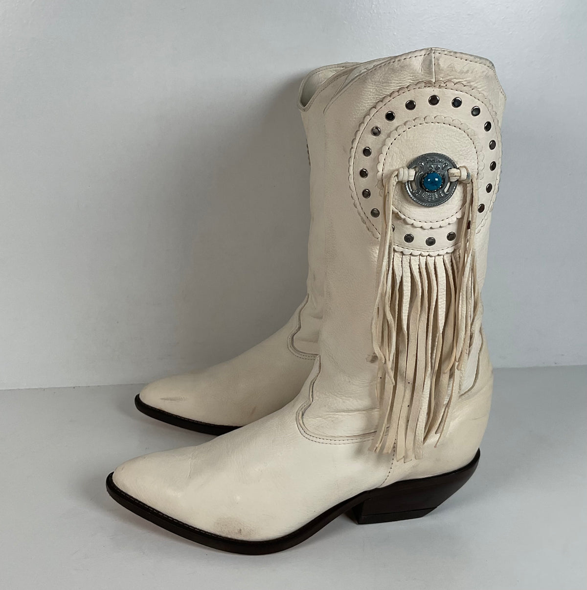Vintage Zodiac Native Fringe Cowgirl Boots | USA Made | White | Women’s 9 M