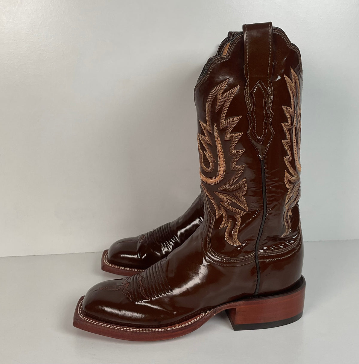 Lucchese 2000 Patent Leather Cowgirl Boots | Square Toe | Brown | USA Made | 6.5 C