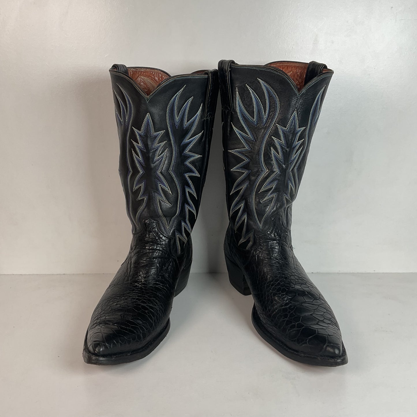 Vintage 1960s Justin Black Sea Turtle Cowboy Boots 10 D USA Made Fort Worth Label Pre-Ban