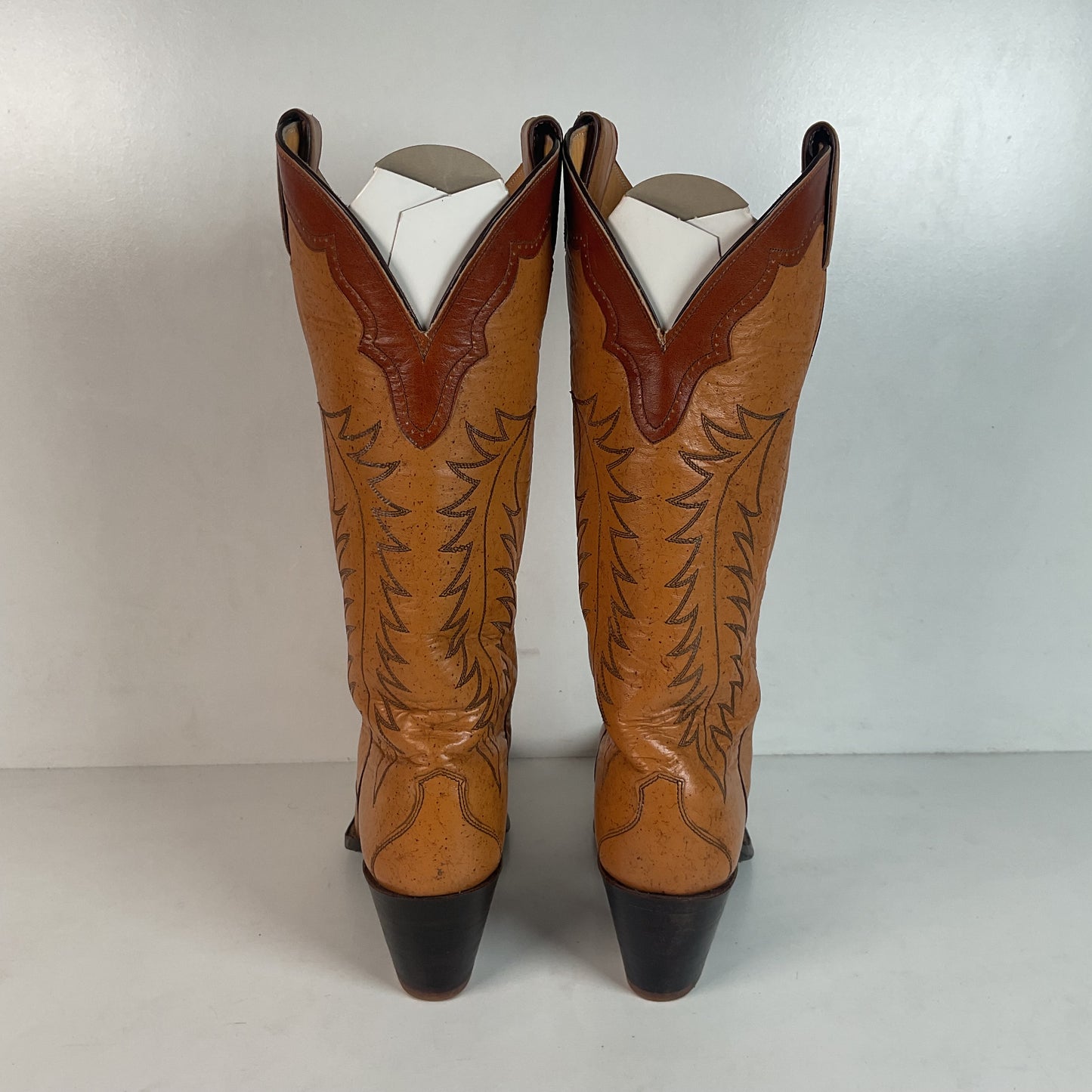 Vintage Justin Tall Cowgirl Boots 8 A Stitched Leaf Tooled Overlay