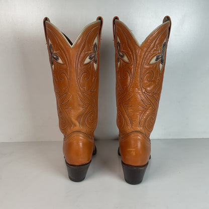 Vintage 1970s Acme Tooled Flower Inlay Cowgirl Boots 6.5 M USA Made