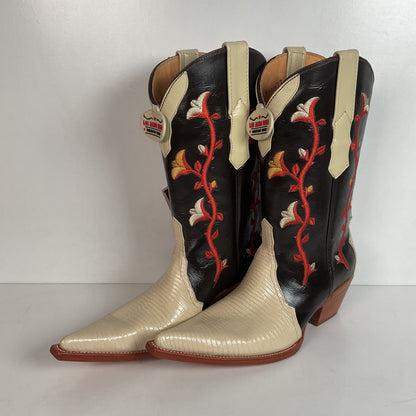 Los Altos Tulip Flower Cowgirl Boots 8 M Crème Lizard Vamp