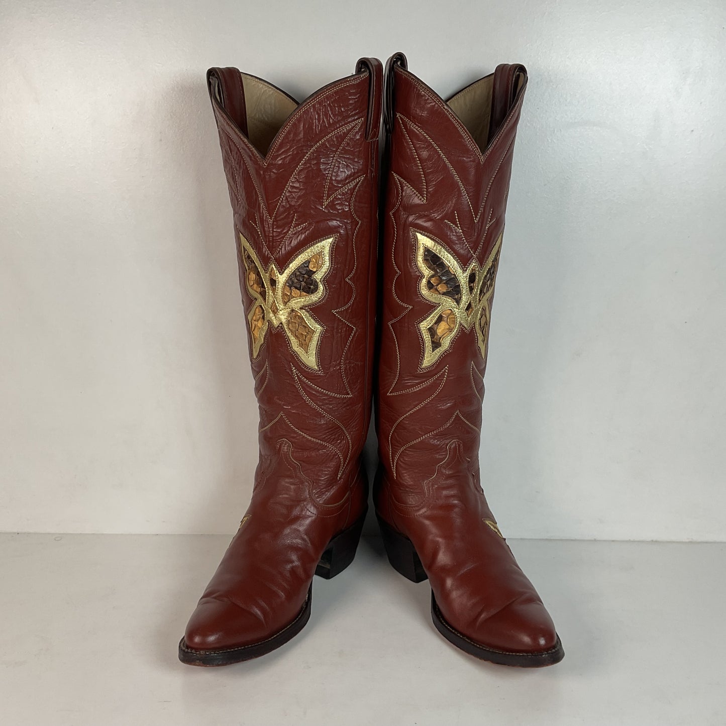Vintage Justin Tall Butterfly Inlay Cowgirl Boots 6.5 C Snakeskin 70s