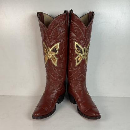 Vintage Justin Tall Butterfly Inlay Cowgirl Boots 6.5 C Snakeskin 70s