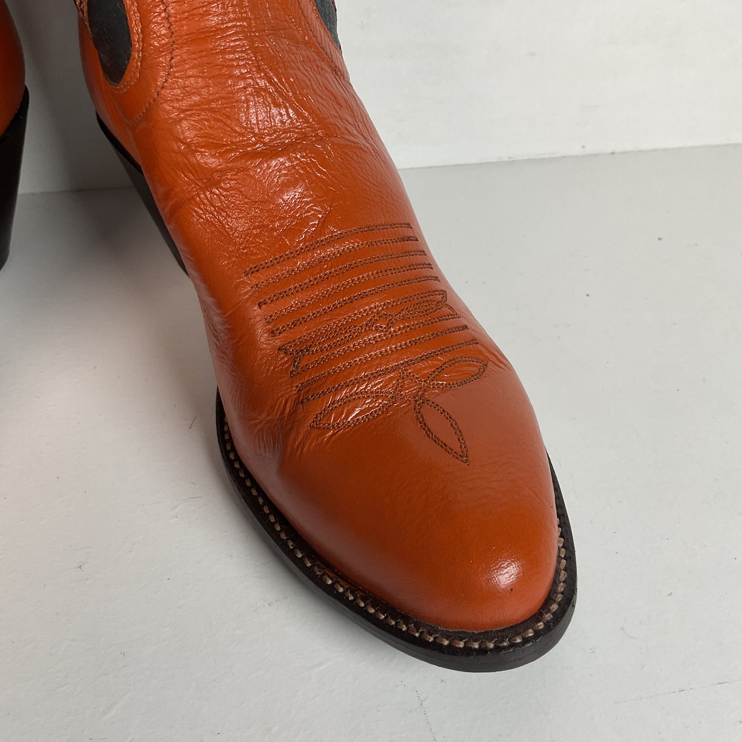 Vintage Panhandle Slim Tall Cowgirl Boots 6.5 C Pumpkin Orange Scallop Top