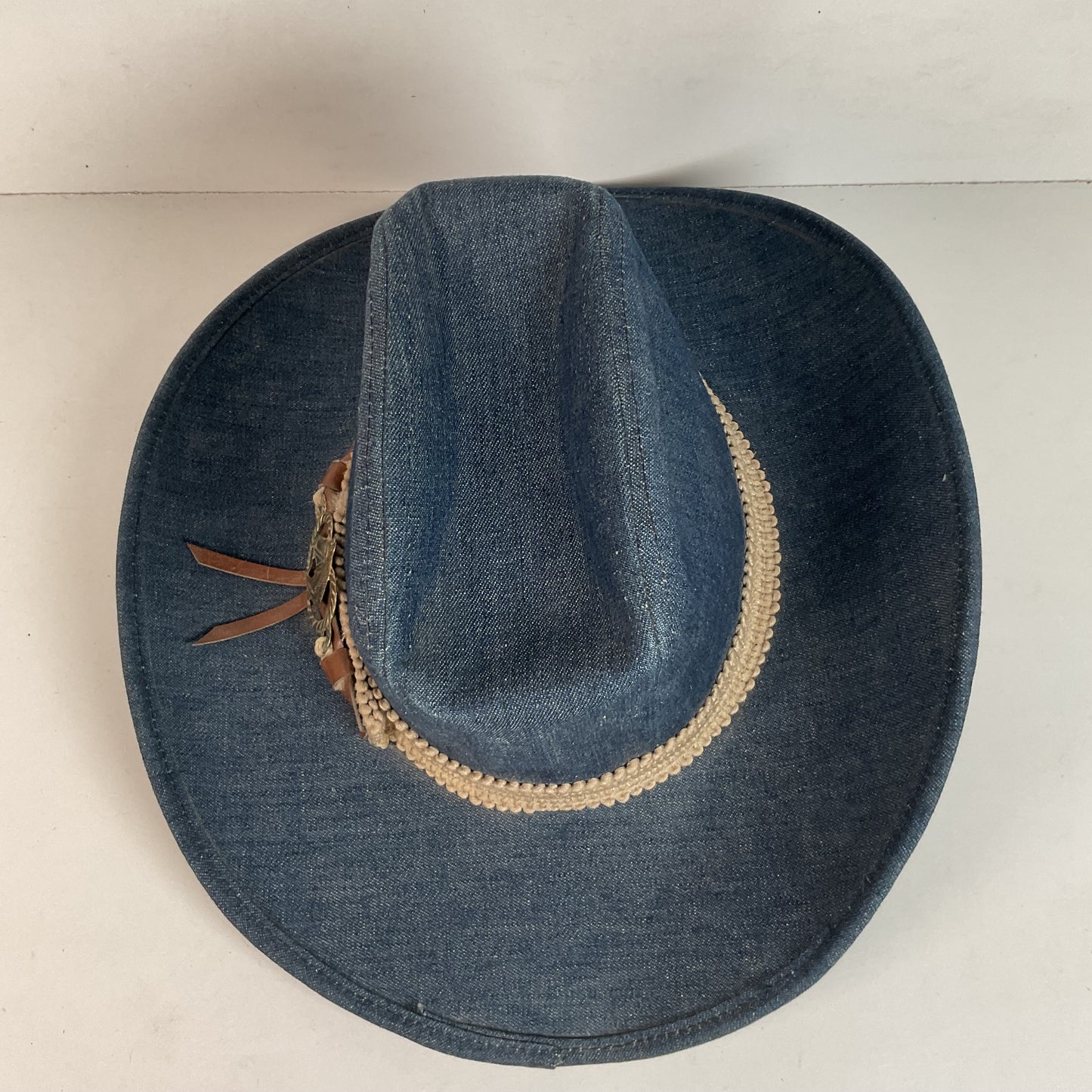 Vintage Blue Denim Cowboy Hat Large USA Union Made Brass Horse Accent