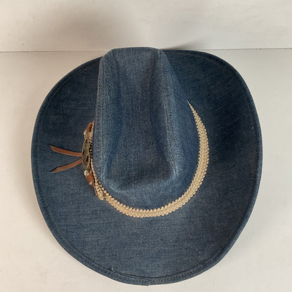 Vintage Blue Denim Cowboy Hat Large USA Union Made Brass Horse Accent