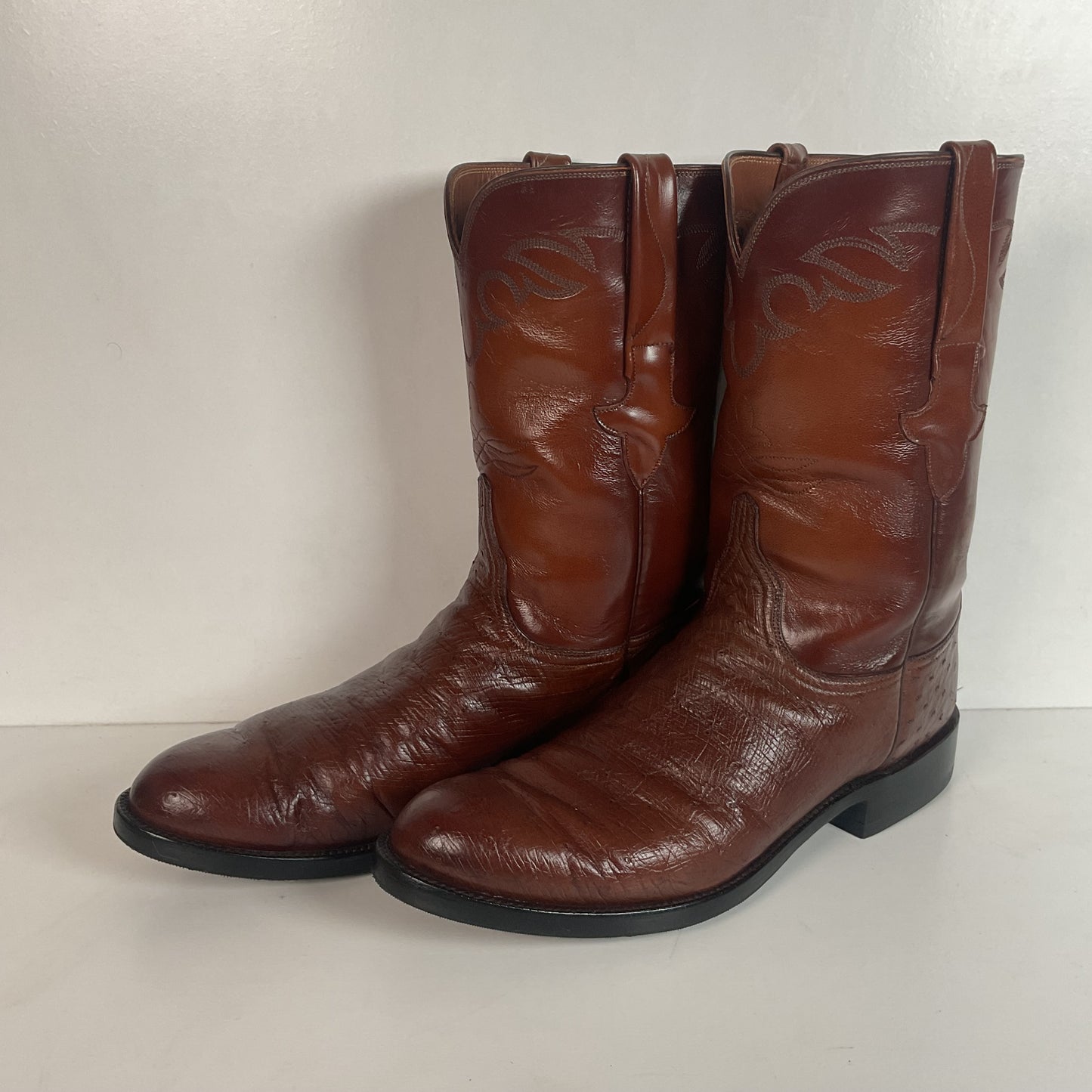 Vintage Lucchese Handmade Smooth Cigar Ostrich Roper Boots 10 D Exotic Cowboy