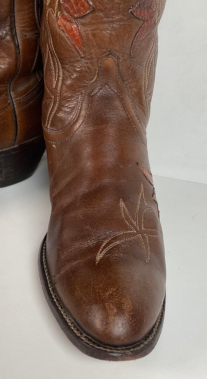 Vintage Dan Post Tall Tulip Cowgirl Boots 7.5 C Tooled Snakeskin Overlay