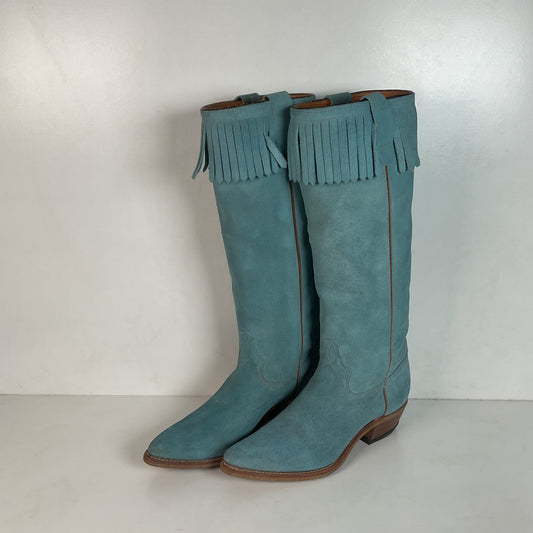 Vintage Wrangler 16.5” Rough Out Suede Cowgirl Boots 6.5 M Fringe Powder Blue