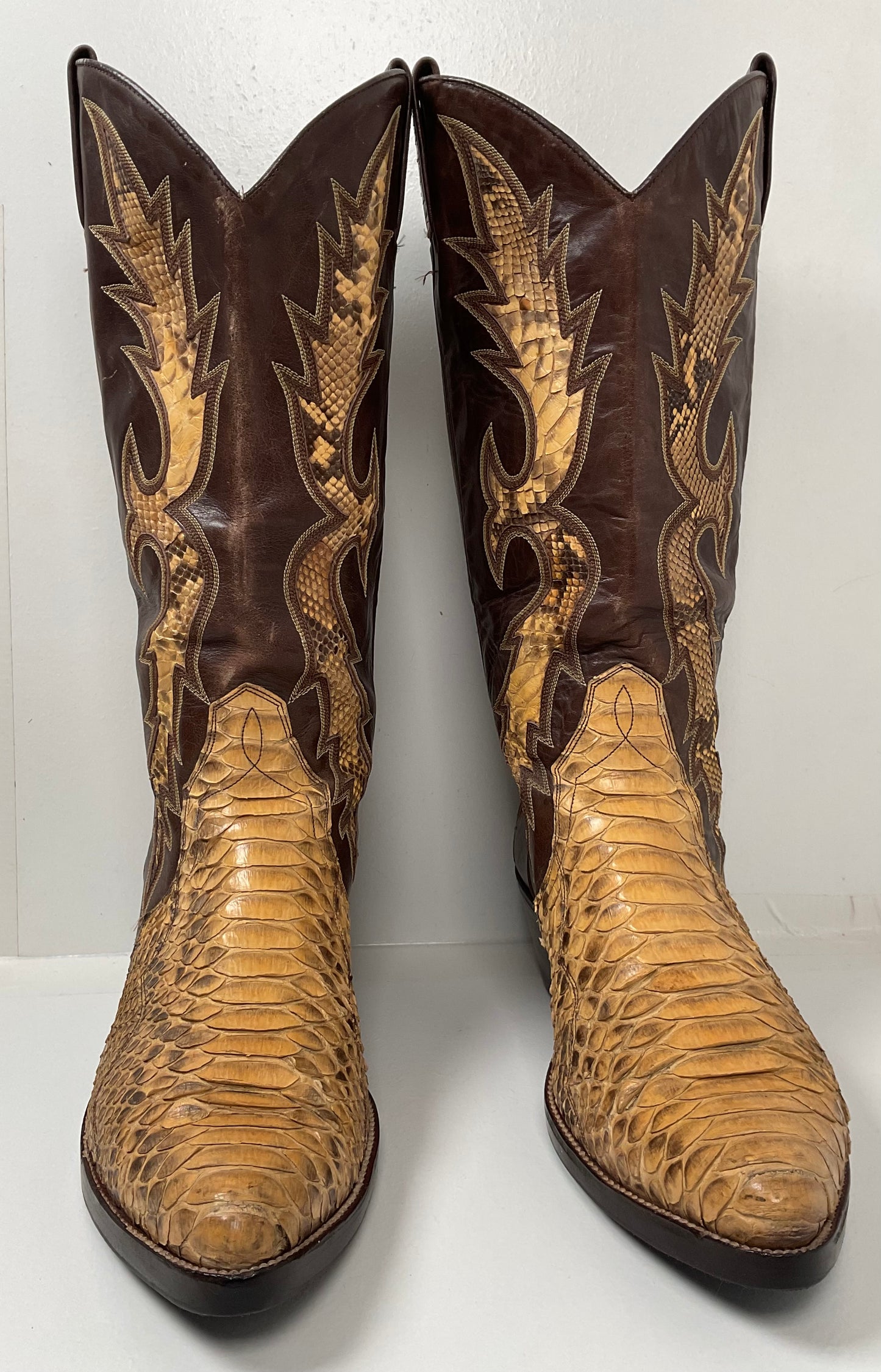 Vintage Dan Post Python Snakeskin Cowboy Boots 11 D Triad Inlay Spain