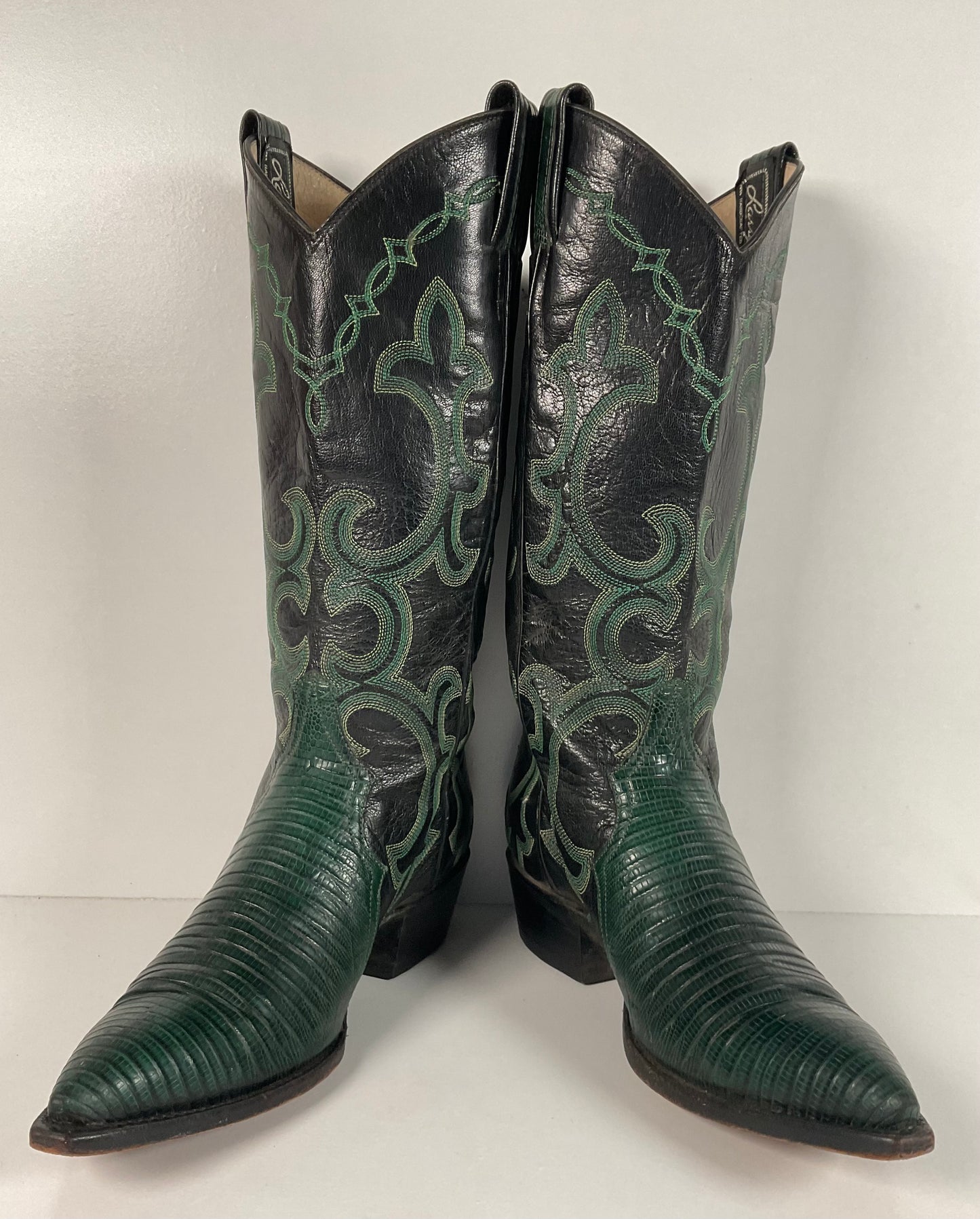 Vintage Larry Mahan Emerald Green Cowgirl Boots 7.5 B Lizard Vamp Triad