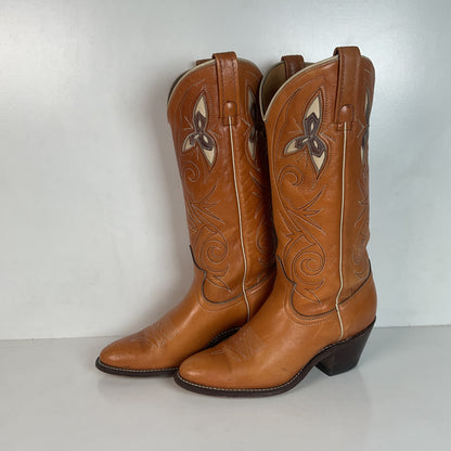Vintage 1970s Acme Tooled Flower Inlay Cowgirl Boots 6.5 M USA Made