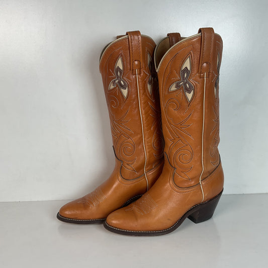 Vintage 1970s Acme Tooled Flower Inlay Cowgirl Boots 6.5 M USA Made