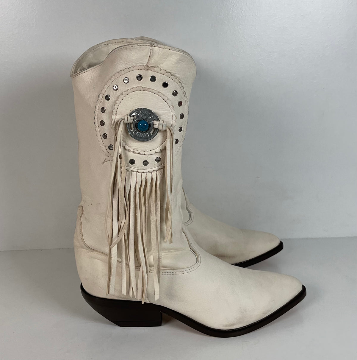 Vintage Zodiac Native Fringe Cowgirl Boots | USA Made | White | Women’s 9 M