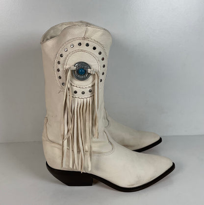 Vintage Zodiac Native Fringe Cowgirl Boots | USA Made | White | Women’s 9 M