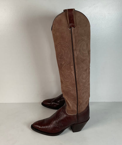Vintage Larry Mahan Teju Lizard Cowgirl Boots | Pig Skin Suede Shaft | 6.5 B
