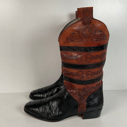Vintage Lorenzo Banfi Ostrich Quill Bucket Boots | Tooled | Exotic | Men’s 9.5 M