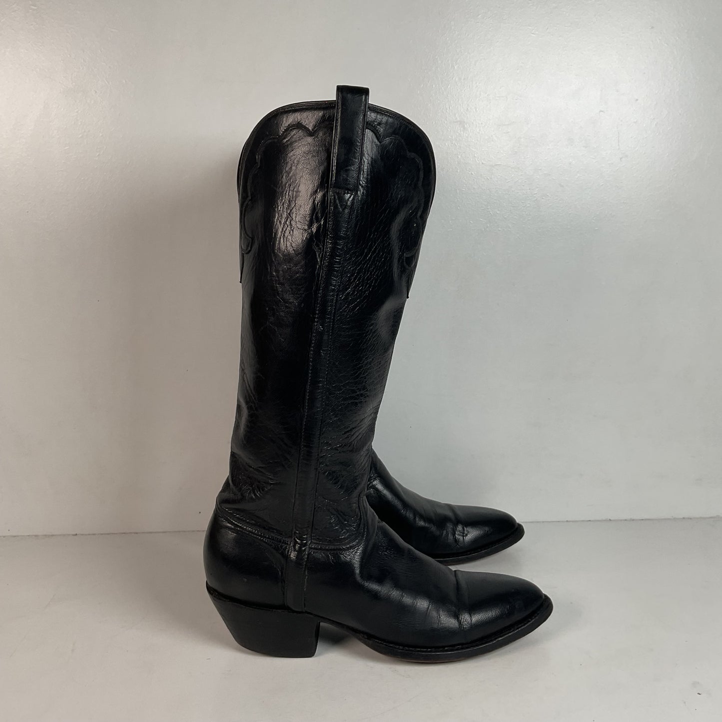 Vintage Lucchese Tall Cowgirl Boots 7 B USA Made Black Calf Skin