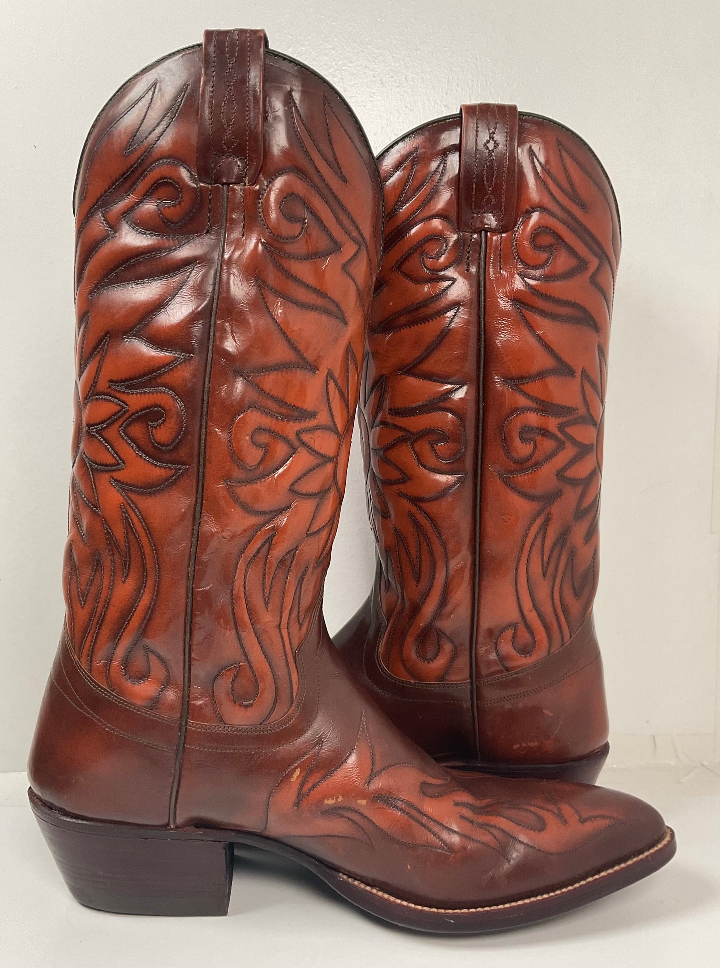 Vintage 1970s Dan Post Cowboy Boots 10.5 B Made In Spain Sunflower Stitched