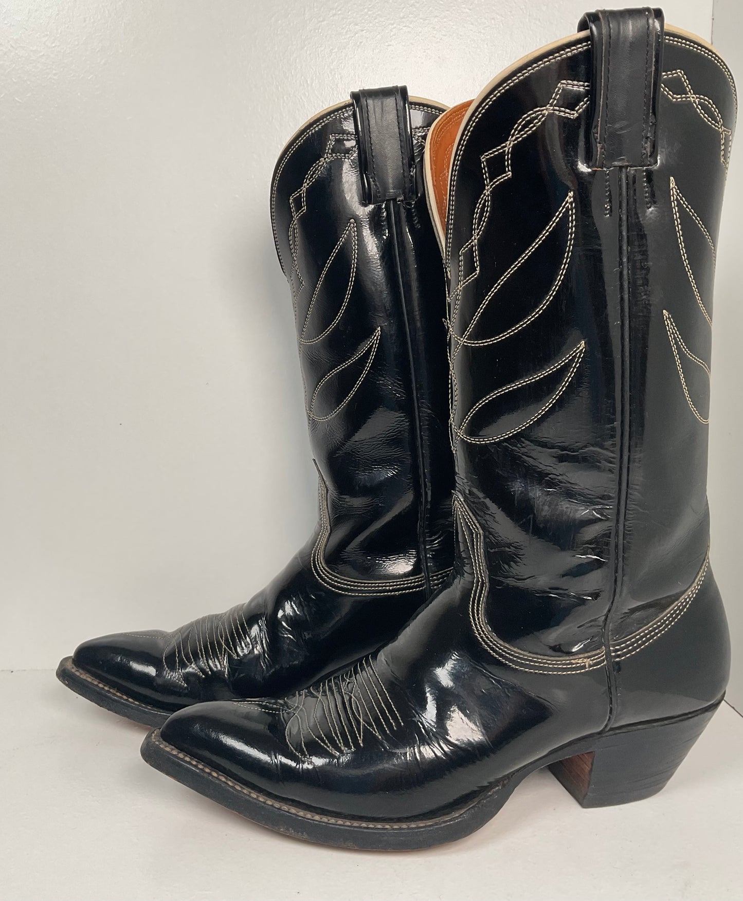 Vintage Nocona Patent Leather Cowboy Boots 9 D Glossy Old Black Label