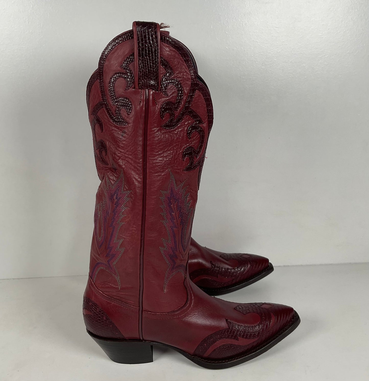 Tony Lama Lizard Wingtip Cowgirl Boots | Overlays | Cranberry | Women’s 6.5 M