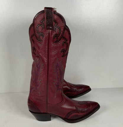 Tony Lama Lizard Wingtip Cowgirl Boots | Overlays | Cranberry | Women’s 6.5 M