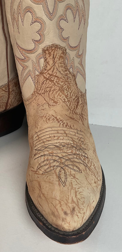 Vintage Dan Post Sueded Shoulder Cowboy Boots 10 D USA Crème Custom