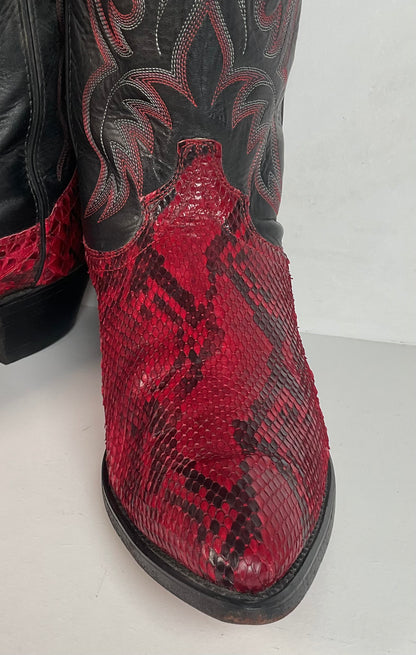 Vintage Red Python Snakeskin Cowboy Boots 11 D USA Made Front Cut