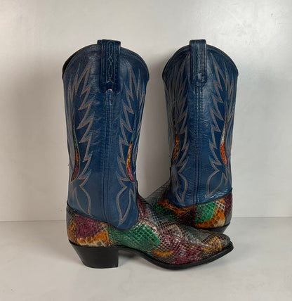 Vintage Dan Post Rainbow Python Cowgirl Boots 8 M Front Cut Tooled Inlay