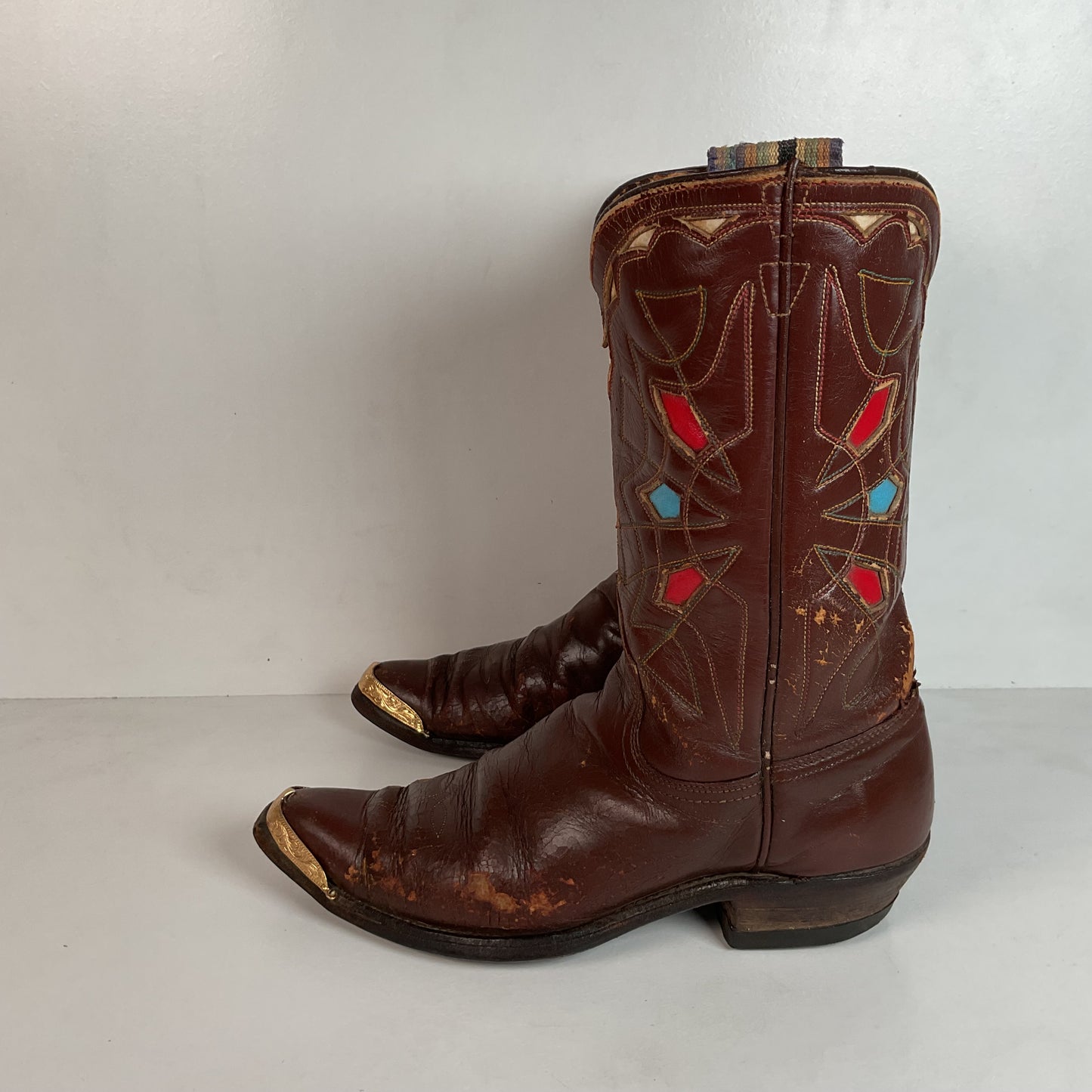 1940s Pee Wee Cowboy Boots Men’s 7 D Spiderweb Inlay Cloth Pull Thrashed