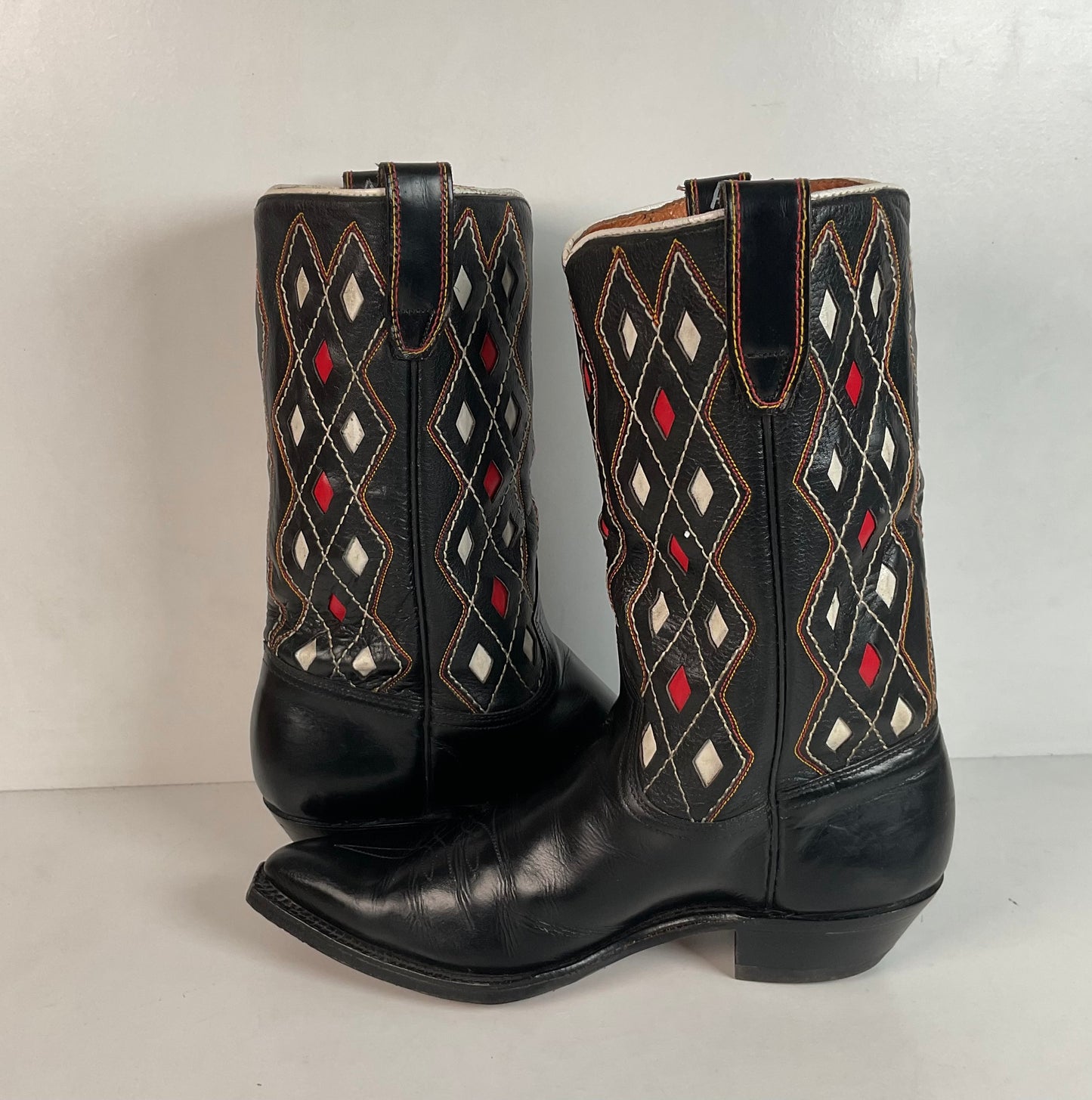 Vintage 1960s ACME Tooled Diamond Inlay Leather Cowboy Boots 8 D Old Label USA Made