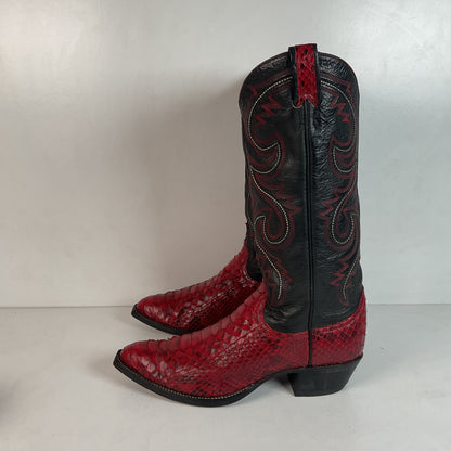 Vintage Larry Mahan Cherry Red Python Snakeskin Cowboy Boots 9.5 D Back Cut