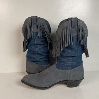Vintage Wrangler Denim Fringe Cowgirl Boots 8.5 M USA Made Shorty