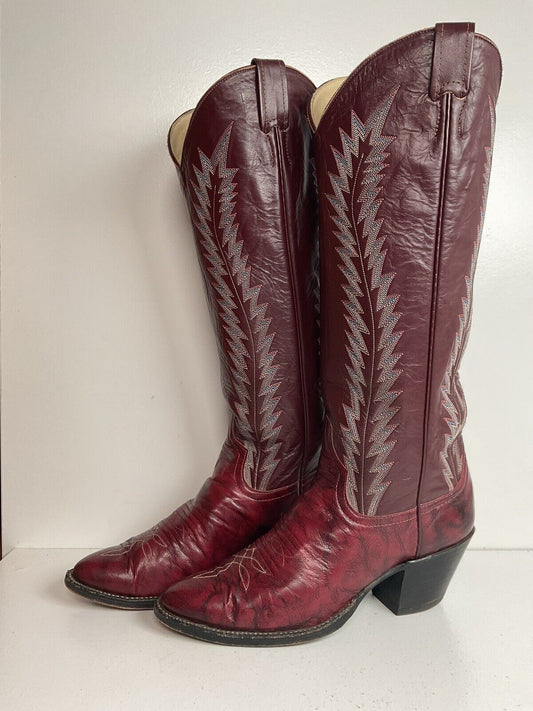 Vintage Larry Mahan 17” Tall Cowgirl Boots 8 B Burgundy Leather