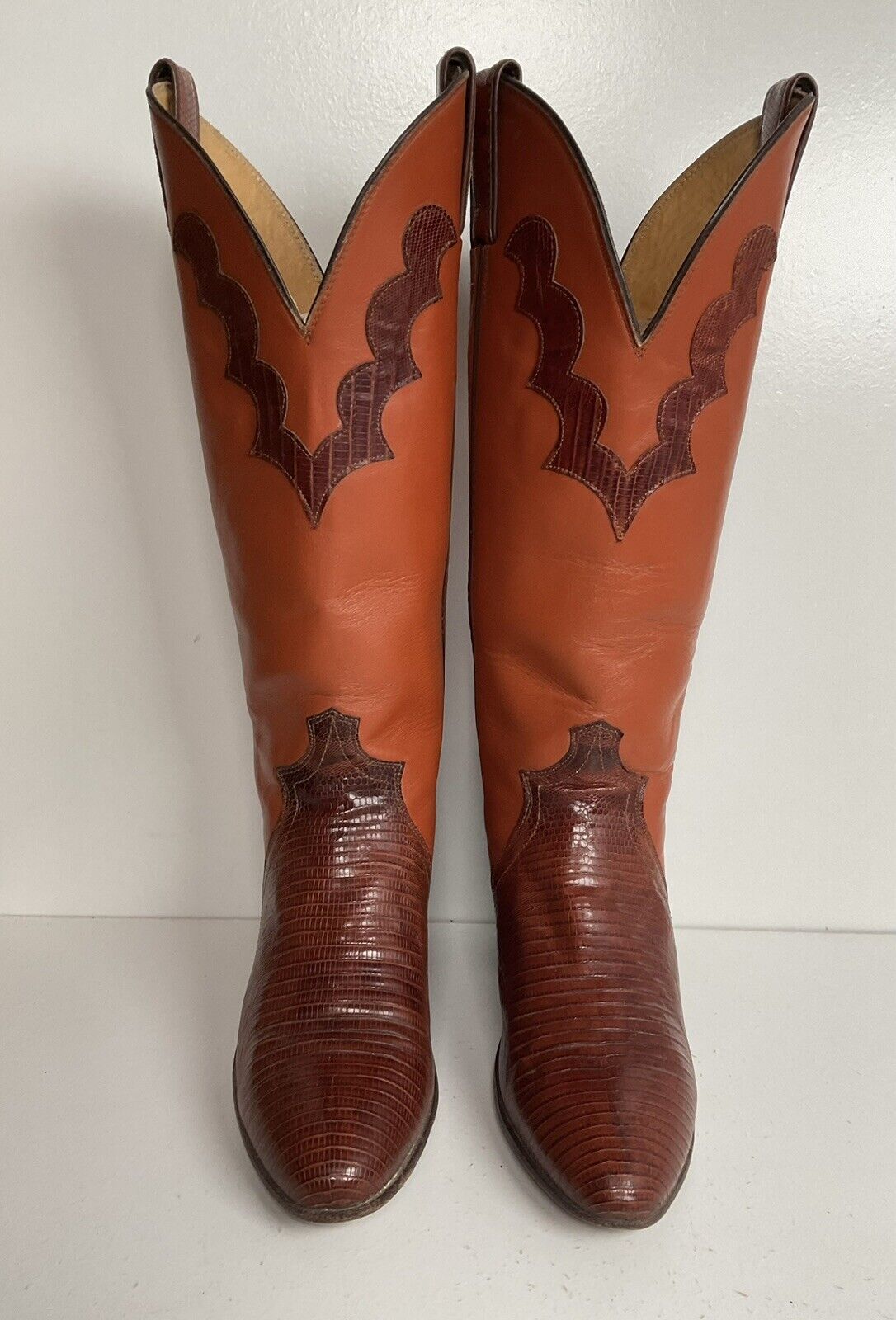 Vintage Justin 16” Tall Orange Cowgirl Boots 6.5 B Triad Tooled Lizard Overlay