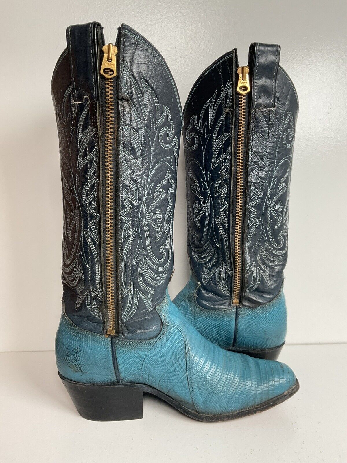 Vintage Justin Turquoise Cowgirl Boots 5 B Zipper Teju Lizard Vamp