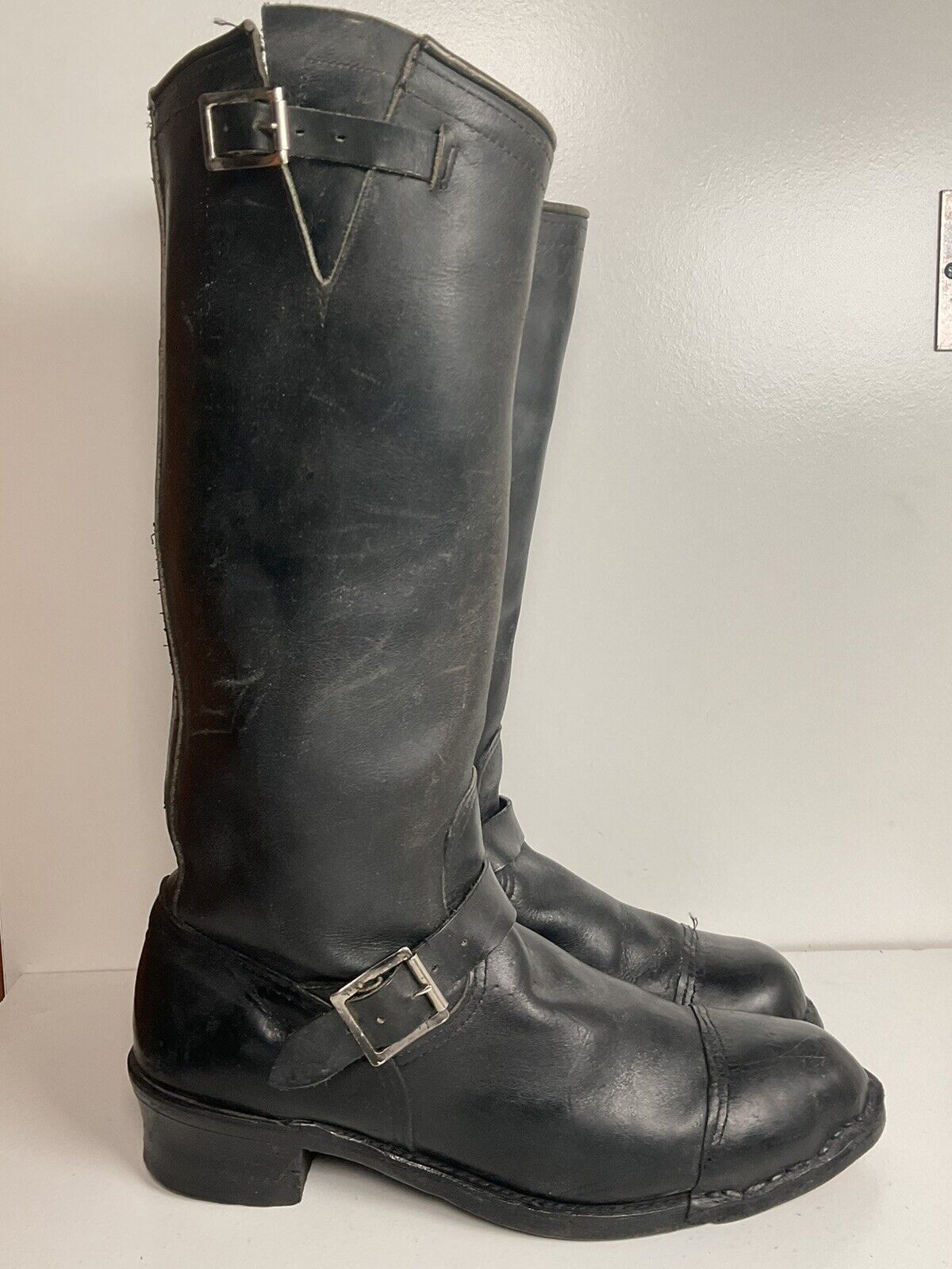 Vintage Sears 18” Tall Harness Engineer Boots 12 Black Leather Old Label 40s 50s