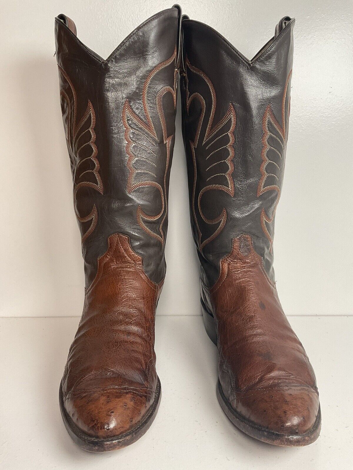 Vintage Larry Mahan Exotic Ostrich Wingtip Cowboy Boots 10.5 D Smooth Pin Quill