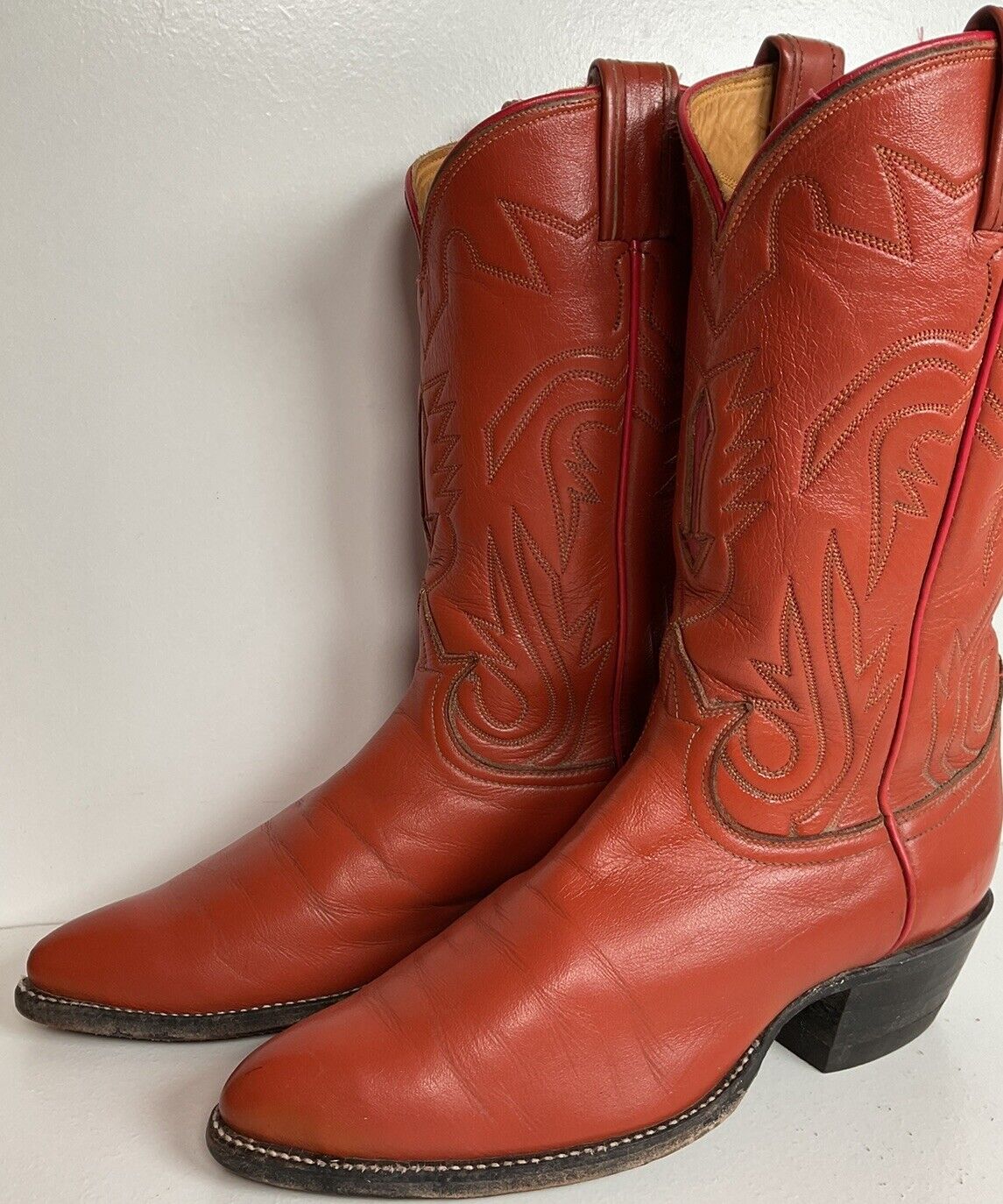 Vintage Tony Lama Burnt Orange Cowgirl Boots 6.5 C Tooled Inlay